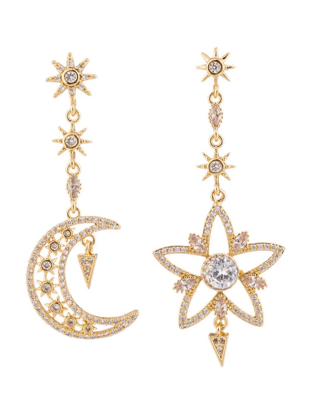 eye candy elara Gold Moon & Star Asymmetrical Drop Earrings with Clear Stones
